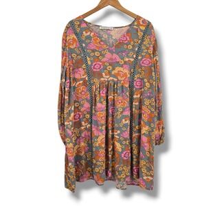 Rusttydustty Womens 0XL Boho Floral Mini Dress Blue Pink Orange 70s Style V-Neck
